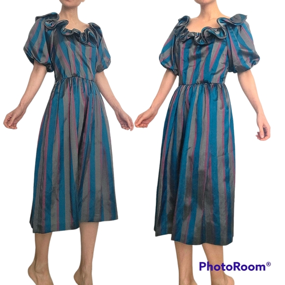 Lizzy&Johnny Dresses & Skirts - Vintage Lizzy&Johnny By Lucero Striped Ruffled Neck Puff sleeve midi dress Sz 10